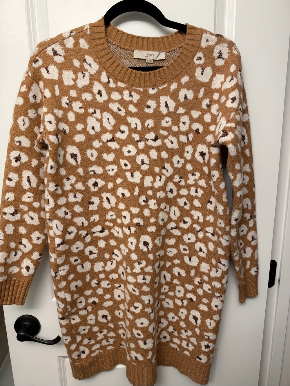 LOFT Shimmer Leopard Animal Print Knit Sweater Dress Tan/Cream Size XS